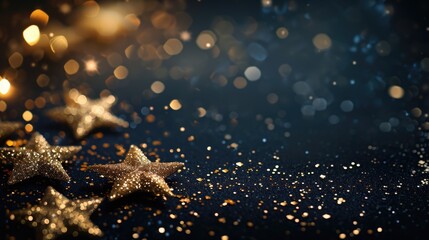 Abstract festive dark background with golden stars glitter and free place for text. New Year, Christmas, birthday, holiday celebration banner