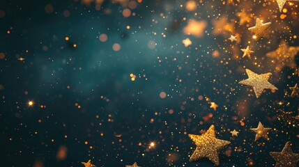 Abstract festive dark background with golden stars glitter and free place for text. New Year, Christmas, birthday, holiday celebration banner - obrazy, fototapety, plakaty