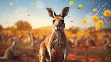 Happy Selebrating the spirit of Australia: a joyful Australia day with flags, kangaroos, and national pride in a festive and patriotic atmosphere. pride, joy, and a sense of unity. - obrazy, fototapety, plakaty