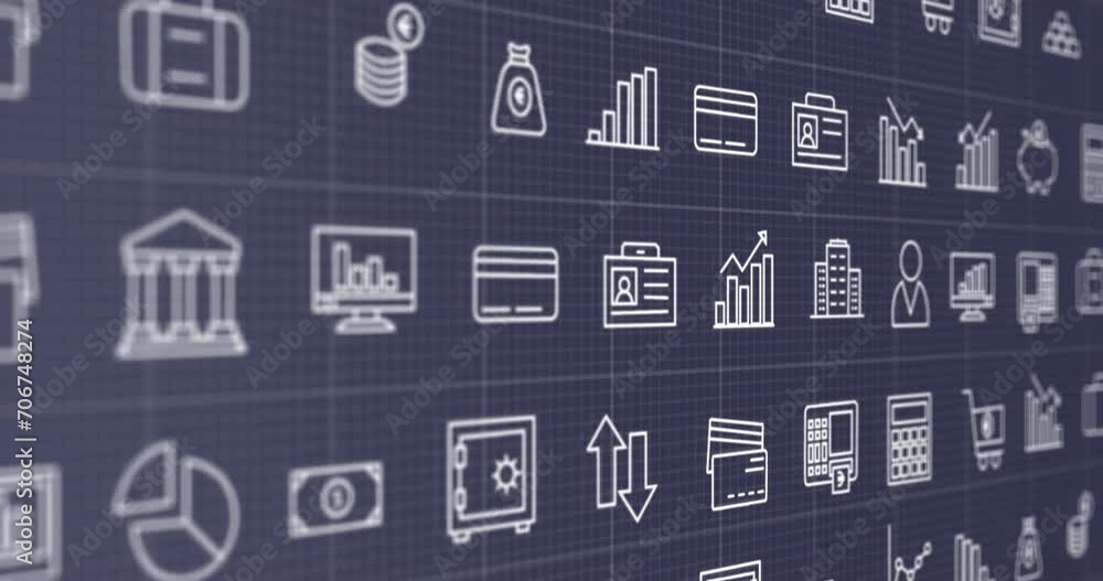 Poster animation of business icons and data processing over grey background