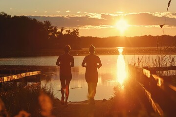 Late evening jog with a young couple illuminated by the setting sun, their unwavering commitment to...