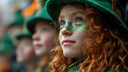 A young, red-haired girl adorned with sparkly green face paint and festive attire participates in a Saint Patricks Day celebration among a group of similarly dressed individuals