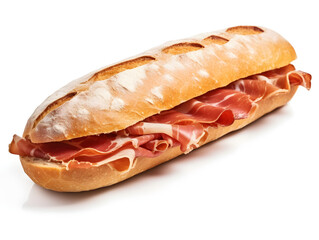 Freshly Baked Baguette Sandwich With Sliced Prosciutto on a White Background