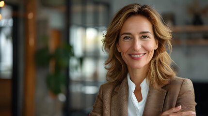 Obraz premium A professional businesswoman exudes confidence and approachability as she smiles warmly, arms crossed, in a contemporary office setting