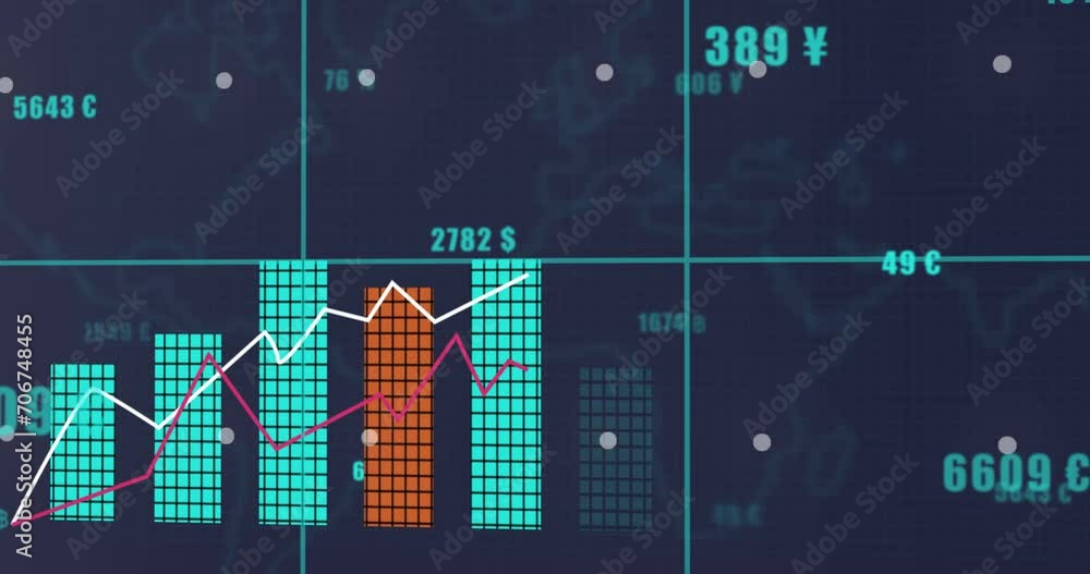 Poster animation of financial data processing over grey background