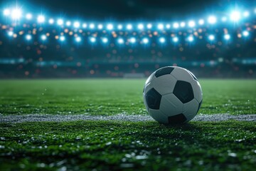 Fototapeta premium Soccer ball in sharp focus on the green pitch, with the blurred backdrop of a packed stadium and glowing spotlights, a symbol of the art and power in football at evening time.
