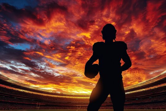 Silhouette of an American football player holding the ball in a professional stadium, an iconic image against the backdrop of an epic sunset, symbolizing the game's timeless appeal
