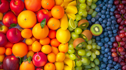 Vibrant rainbow array of fresh fruit, from citrus to berries, full of natural vitamins