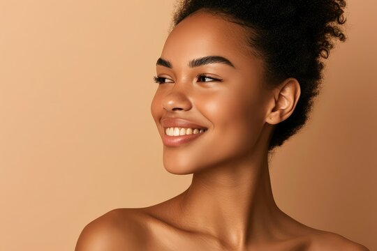 Woman with a graceful beauty smile, her skin aglow with health and the fruits of dedicated skincare, against a beige studio background, a beacon of happiness and elegance.