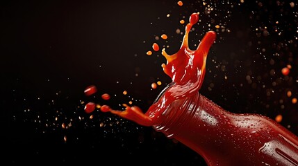 Ketchup or tomato sauce falling from bottle over dark background