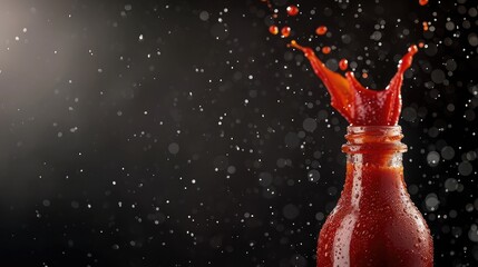 Ketchup or tomato sauce falling from bottle over dark background