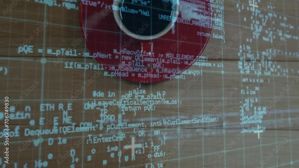 Poster animation of financial data processing over grid on coffee background