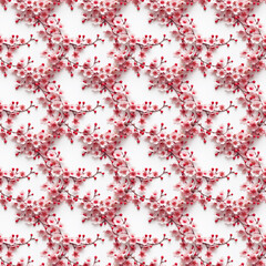 Hyper Realistic Cherry Blossoms on White Background Seamless Pattern