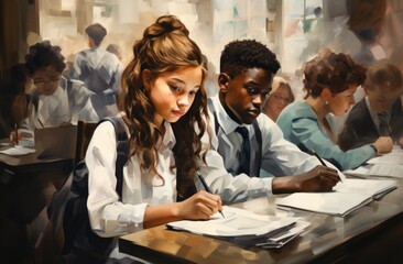 A vibrant scene unfolds on International Day of Education, showcasing diverse students engaged in learning, symbolizing global knowledge-sharing and educational empowerment for a brighter future