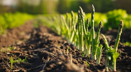 Rows of young asparagus plants growing in a sunlit agricultural field.