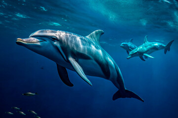 Generative AI illustration of two dolphins gliding gracefully underwater with sunlight filtering through the surface of the ocean