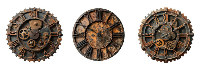 Industrial style rusty wall clocks over white transparent background