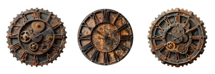 Industrial style rusty wall clocks over white transparent background