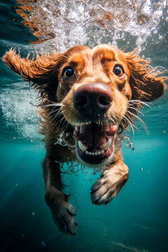 Generative AI illustration of underwater view of a playful dog diving with bubbles and a splash around its happy expression