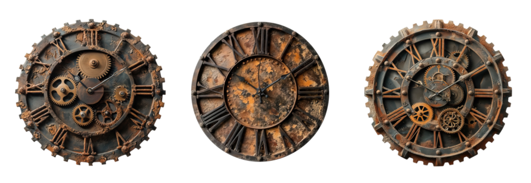 Industrial style rusty wall clocks over white transparent background