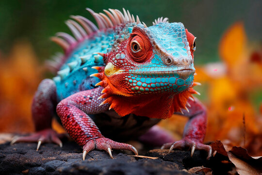 Generative AI illustration of vibrant red and blue iguana with intricate scales and spines posing on a log with autumn leaves in the background