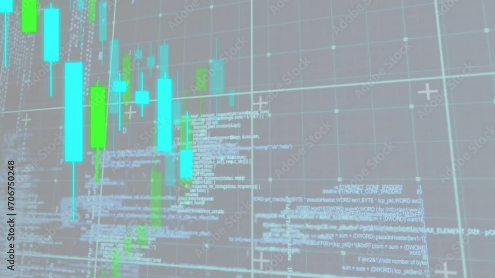 Poster animation of financial data processing over grid on grey background
