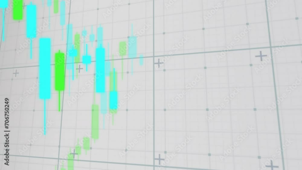 Poster animation of financial data processing over grid on grey background