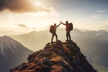 Hiker helping friend reach the mountain top