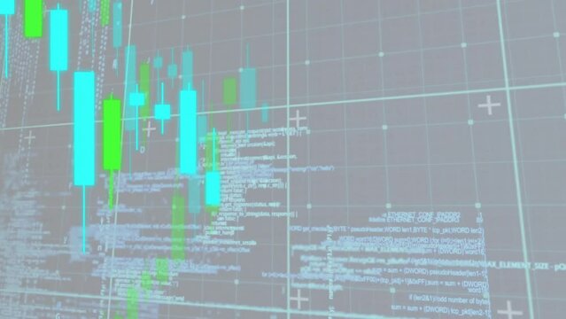 Animation of financial data processing over grid on grey background