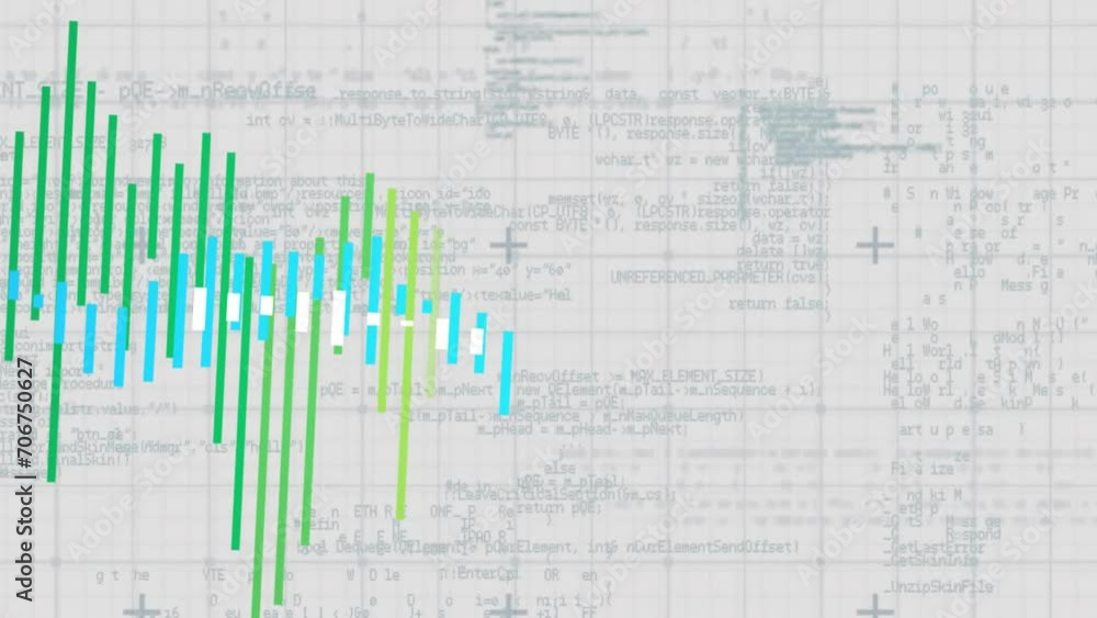 Poster animation of financial data processing over grid on grey background