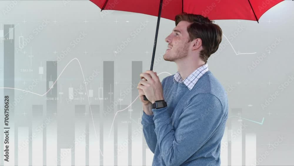 Aufkleber animation of financial data processing and caucasian man with umbrella on grey background