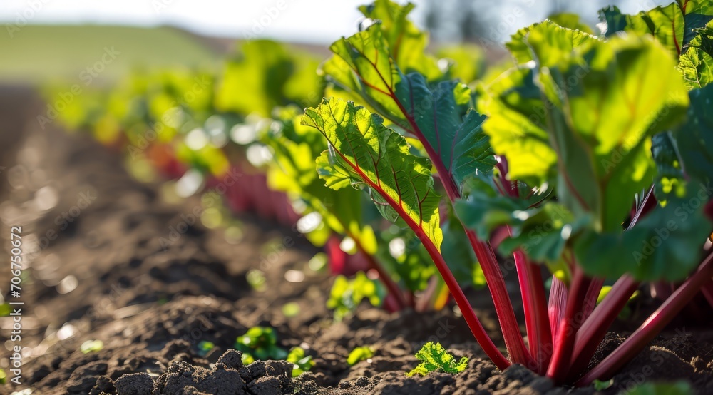 Wall mural Vibrant rhubarb plants with large green leaves and red stalks in a farm field.