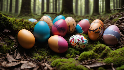 Fototapeta na wymiar Colorful Easter Eggs in the Forest , Generative Ai