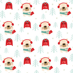 Fototapeta premium Cute bear cartoon and seamless pattern for kids apparel, wrapping paper, fabric, and textile. Vector illustration. 