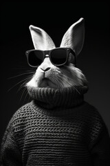 Easter cyberpunk Rabbit with sunglasses and sweater isolated on black background. Holiday fashion scene