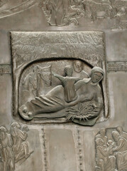 Details of the portal of the Basilica of the Annunciation in Nazareth where scenes from the life of Jesus are represented.