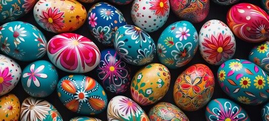 Fototapeta na wymiar Collection of decorated Easter eggs in rich colors on a dark background. Can be used for holiday-themed graphics, print media, and seasonal decorations. Top view. Festive background. Copy space