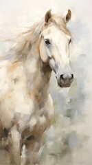 Beautiful White Horse. Illustration in style of oil painting, rough brush strokes. Concept of freedom and beauty of wild animal. Ideal for decor, art collections, or digital use. Vertical format