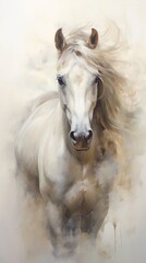 Obraz na płótnie Canvas Beautiful White Horse. Illustration in style of oil painting, rough brush strokes. Concept of freedom and beauty of wild animal. Ideal for equestrian enthusiasts and art collectors. Vertical format