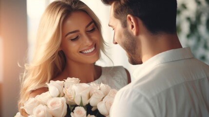 A man in love gives a smiling blonde woman a bouquet of white roses. Happy couple. Romantic moment. Ideal for love, relationships, and Valentines celebrations. - obrazy, fototapety, plakaty