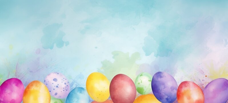 Watercolor illustration of colored Easter eggs arranged at the bottom on blue background. Ideal for springtime promotions, holiday greeting cards, seasonal event announcements. Banner with copy space