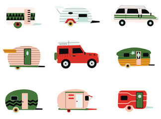 Collection different camping caravan transportation vector flat illustration. Travel car for outdoor summer active leisure isolated. RV camper, motorhome, van, camp trailer, automobile