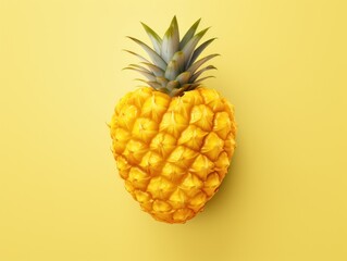 A vibrant pineapple stands out on a bright yellow background, showcasing its juicy and refreshing nature, heart shape