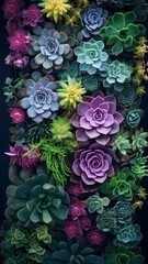 Colorful succulent background, exotic floral vertical backdrop, flat lay, top view. concept: hobby, indoor plants, decor