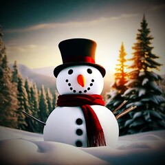 Obraz premium Snowman Winter Landscape Snow nature. Snowman in a winter landscape, adorned with a black hat and red scarf