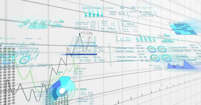 Animation of financial data processing over grid on white background
