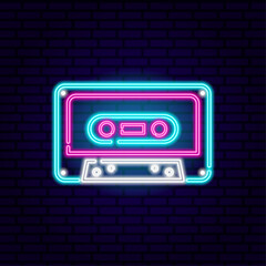 Audio retro cassette neon sign Light banner. Design element neon signboard. Colorful billboard Vector illustration in neon style for design