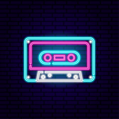 Audio retro cassette neon sign Light banner. Design element neon signboard. Colorful billboard Vector illustration in neon style for design