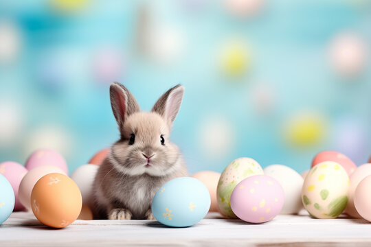 Adorable rabbit, easter bunny surrounded by colorful easter eggs in pastel colors. High quality photo