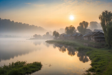 Morning sunrise in the lakeside village shrouded in a thin mist